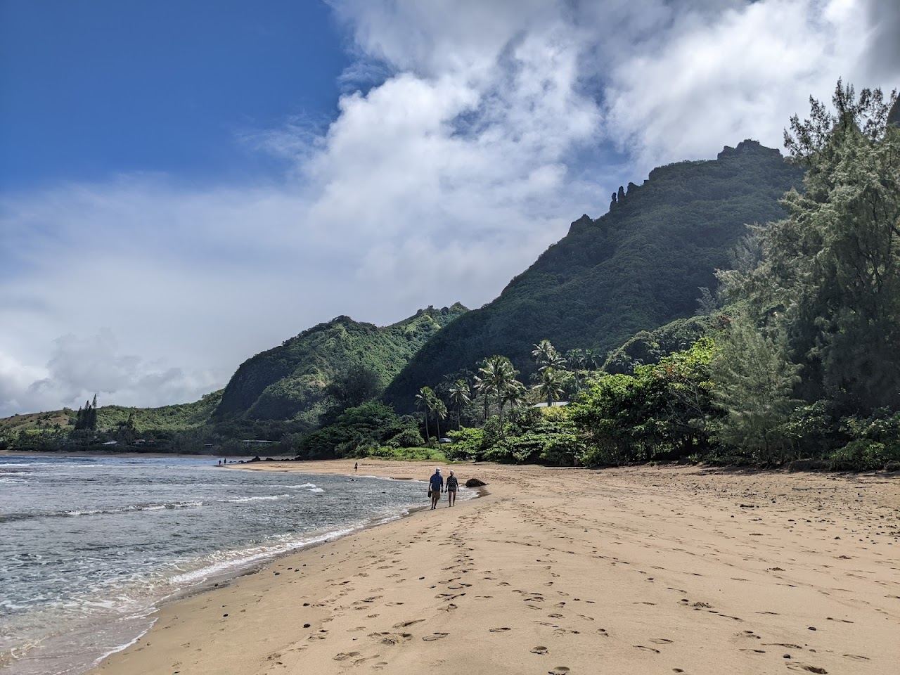 Green Napali cliffs rising above the reef cove at Kee Beach on Kauai