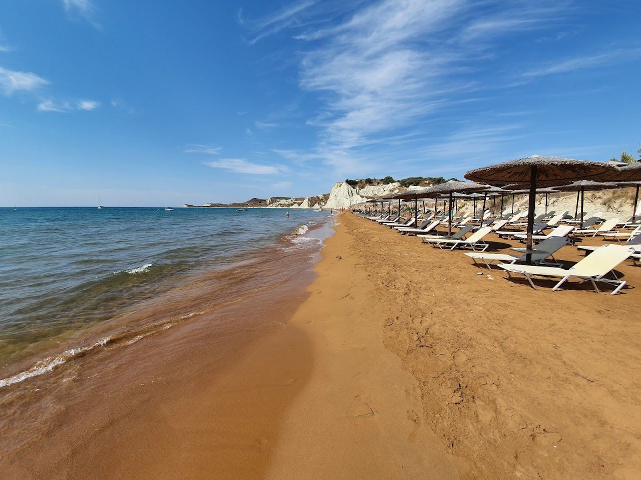 The shallow water and soft sand of Xi Beach on the Paliki peninsula of Kefalonia