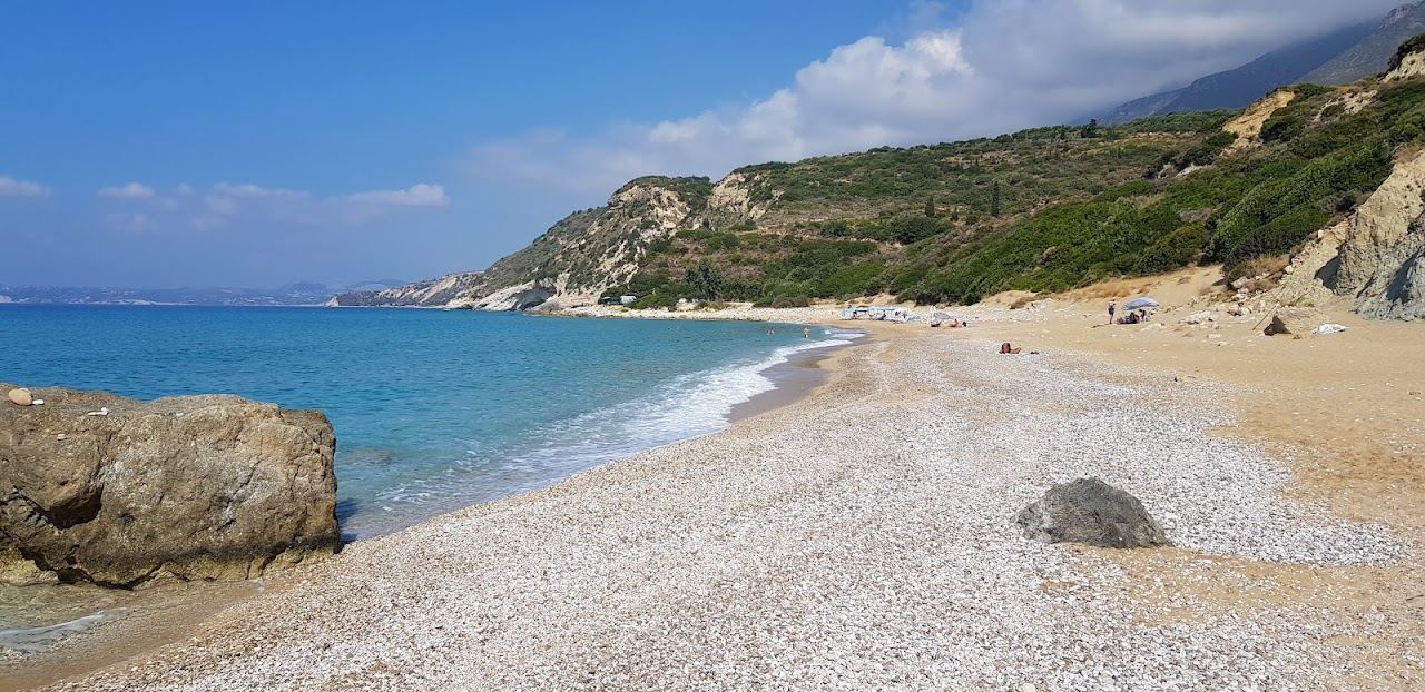The long sand and shingle beach and clear water at Skala in southern Kefalonia