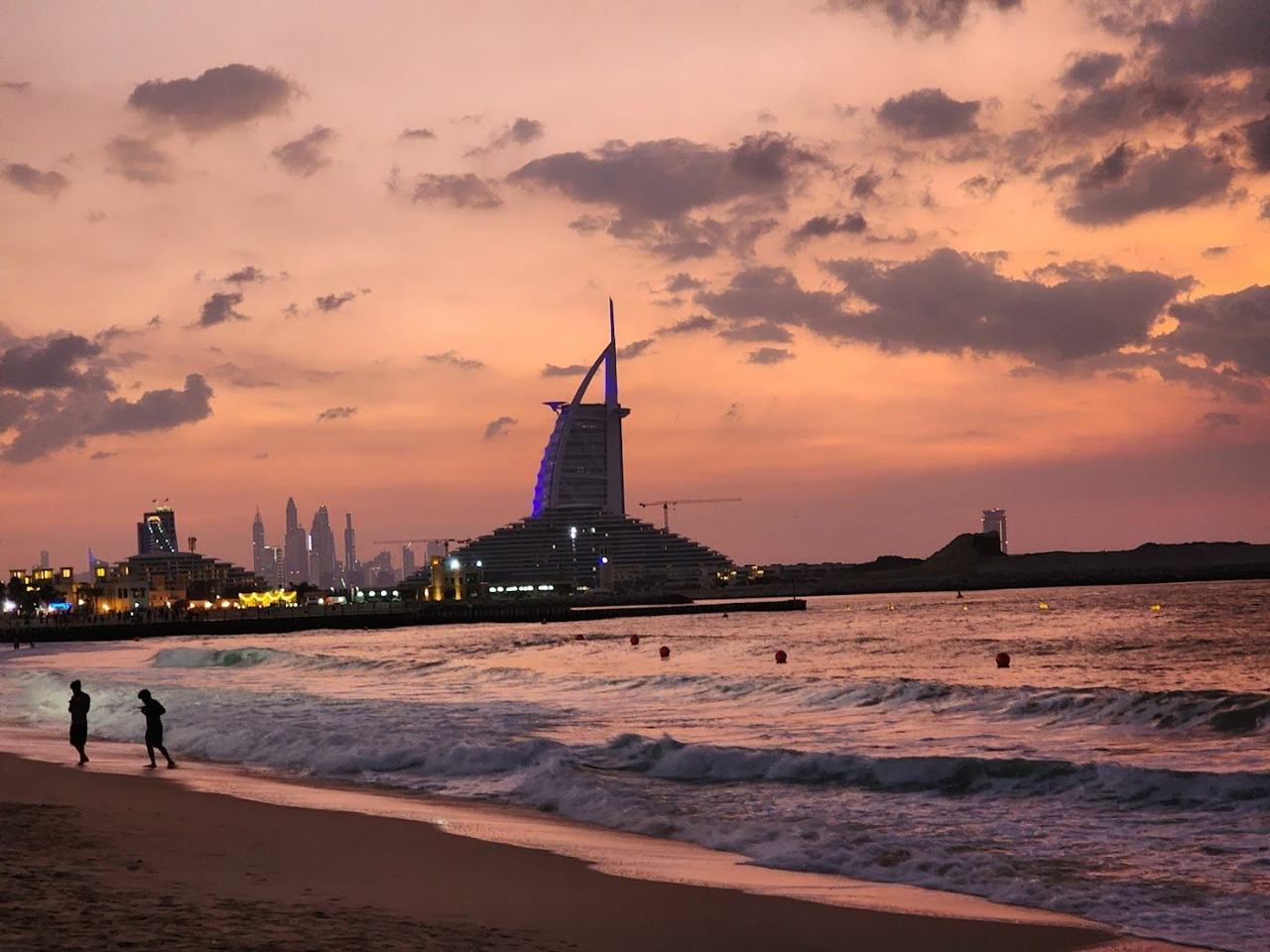View along Kite Beach in Dubai towards the Burj Al Arab on the Jumeirah coast