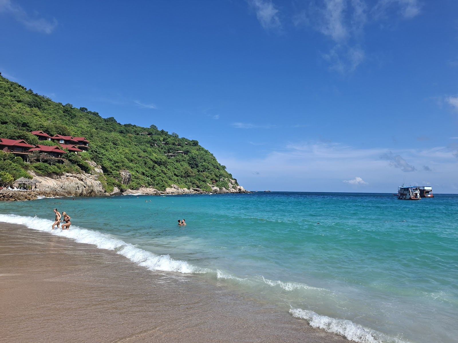 A calm clear bay of pale sand and reef water on Koh Tao made for snorkelling and diving