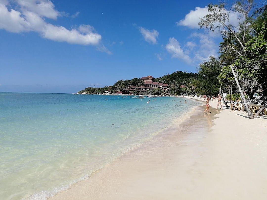 Palm fringed sand and clear water on a quiet bay in Koh Phangan, Thailand