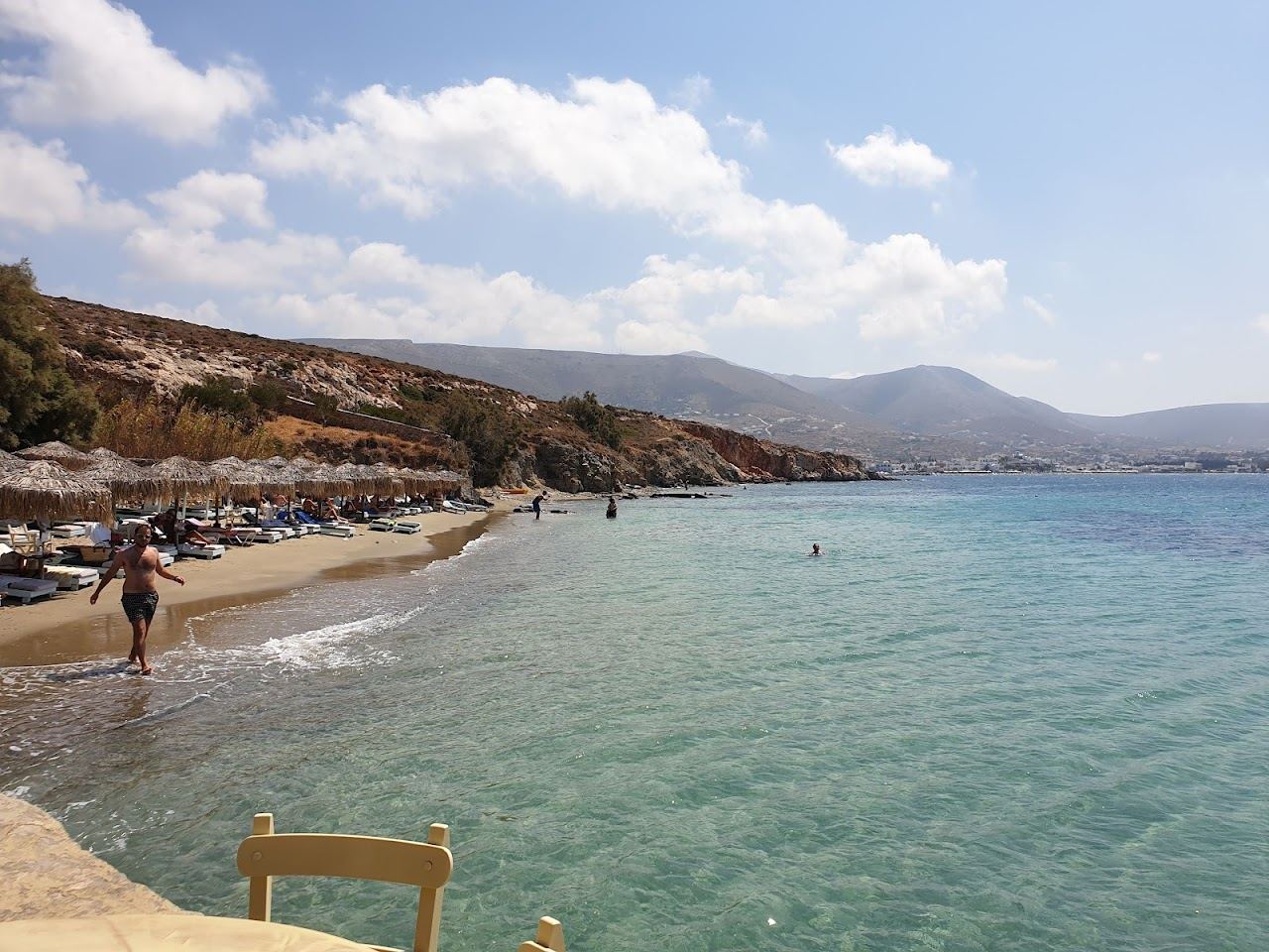 The quiet sand and calm water of Krios beach across the bay from Parikia on Paros