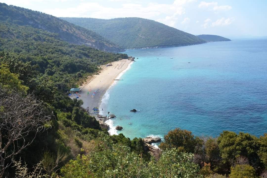 The rock formations and clear water of the wild bay at Krorez near Saranda on the Albanian Riviera