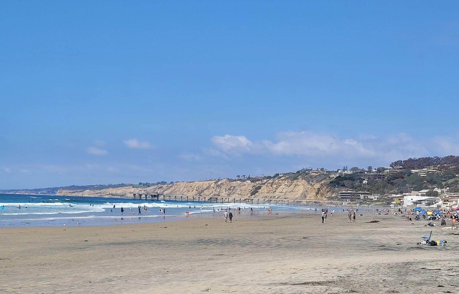 La Jolla Shores San Diego gentle wide sand with calm water and a lifeguard tower
