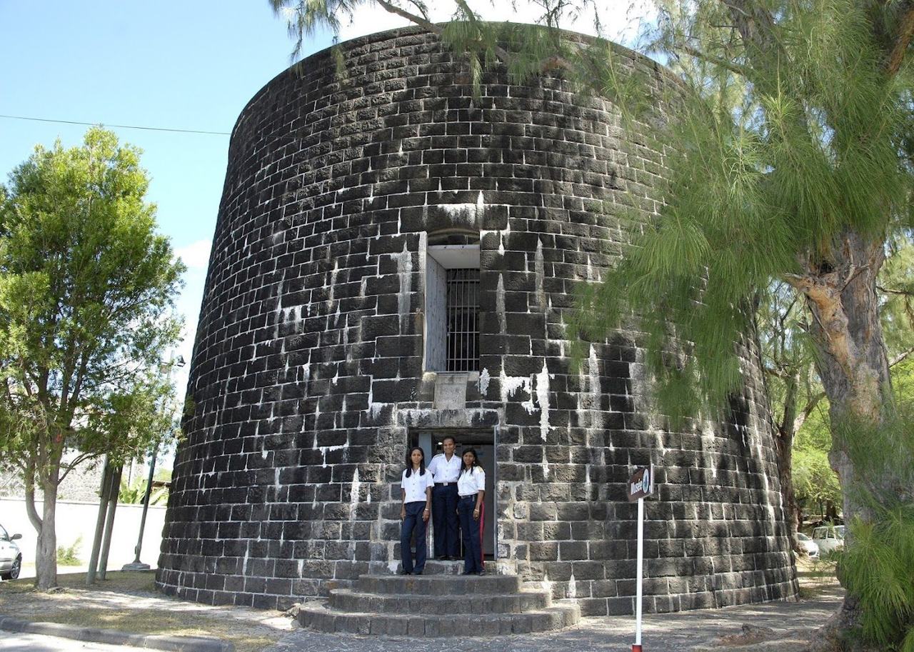 The historic Martello tower beside the beach at La Preneuse in western Mauritius