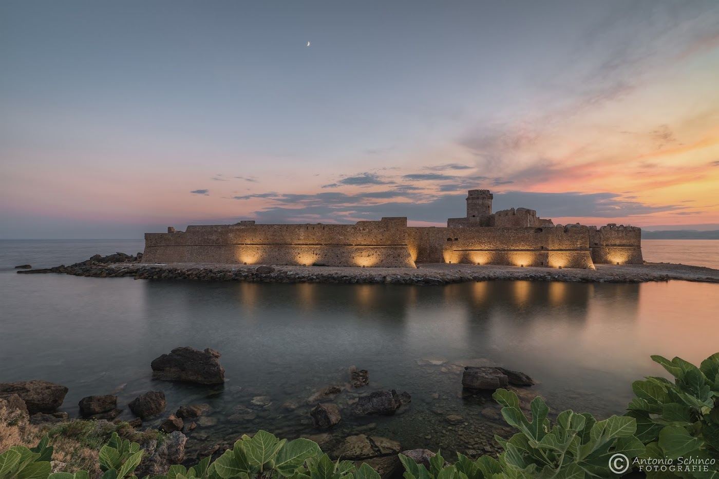 The Aragonese castle and causeway at Le Castella in the Capo Rizzuto reserve in Calabria