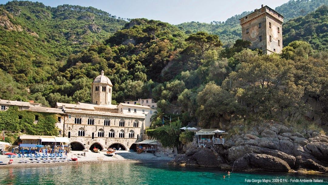 The pebble cove and medieval abbey of San Fruttuoso reached by boat in Liguria