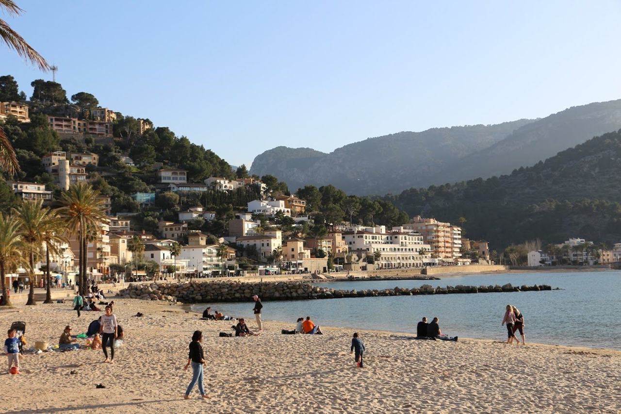 Boats on the calm sheltered water of Port de Soller bay in Mallorca