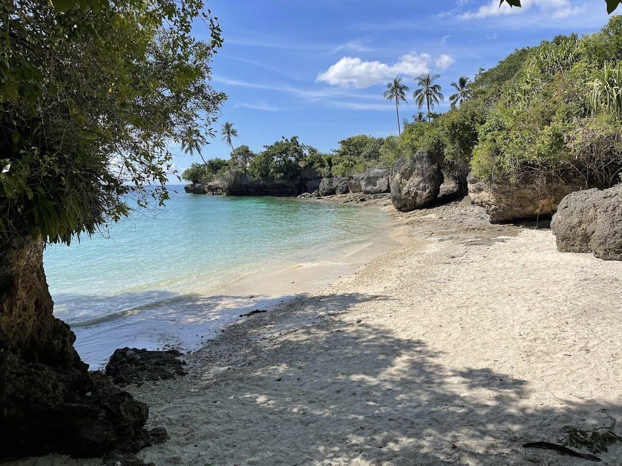 A small white sand cove backed by coral rock and palms with calm clear water at Mangapwani on the northwest coast of Zanzibar