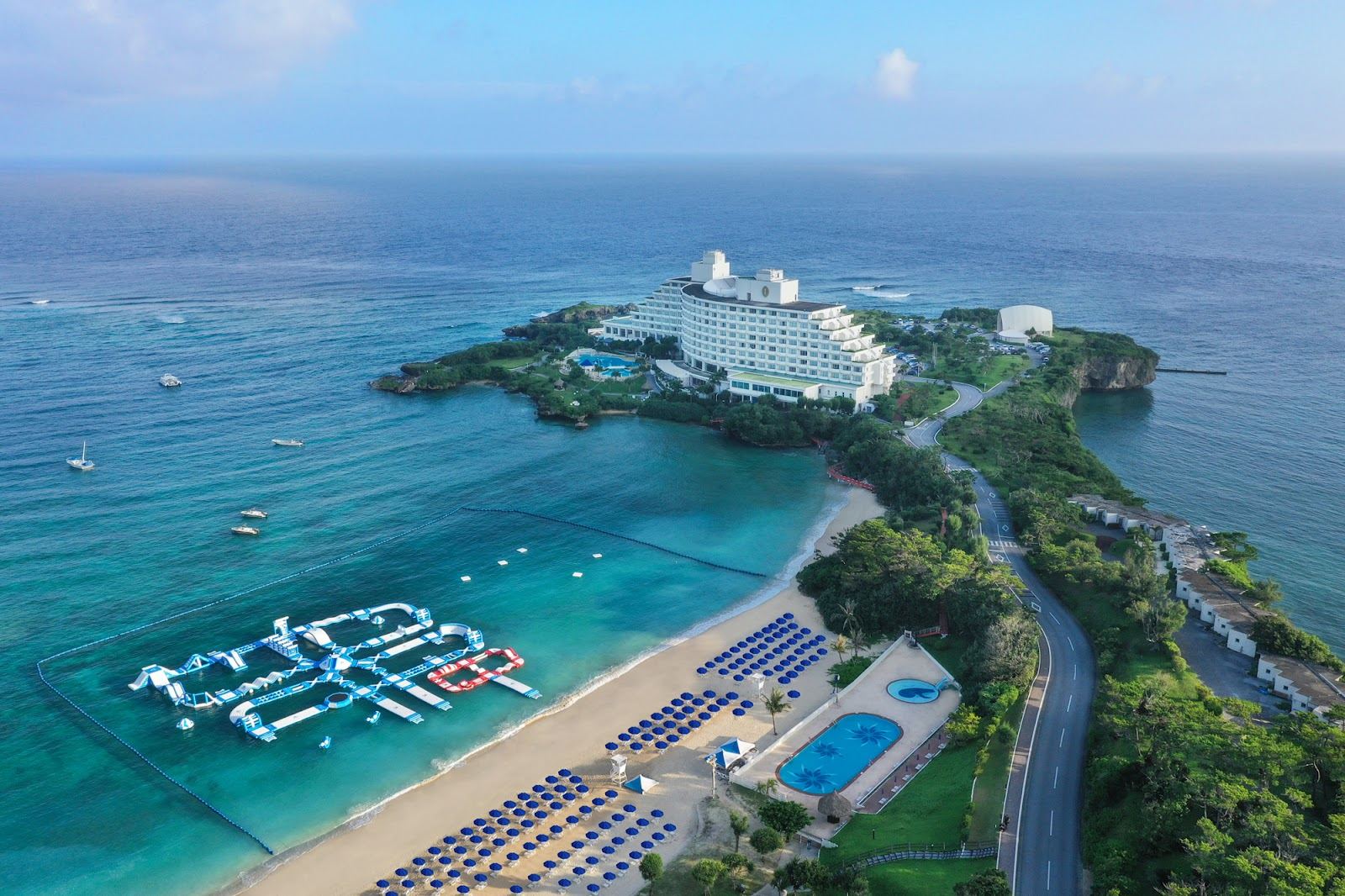 The beach and resort frontage at Manza Beach in Onna Okinawa