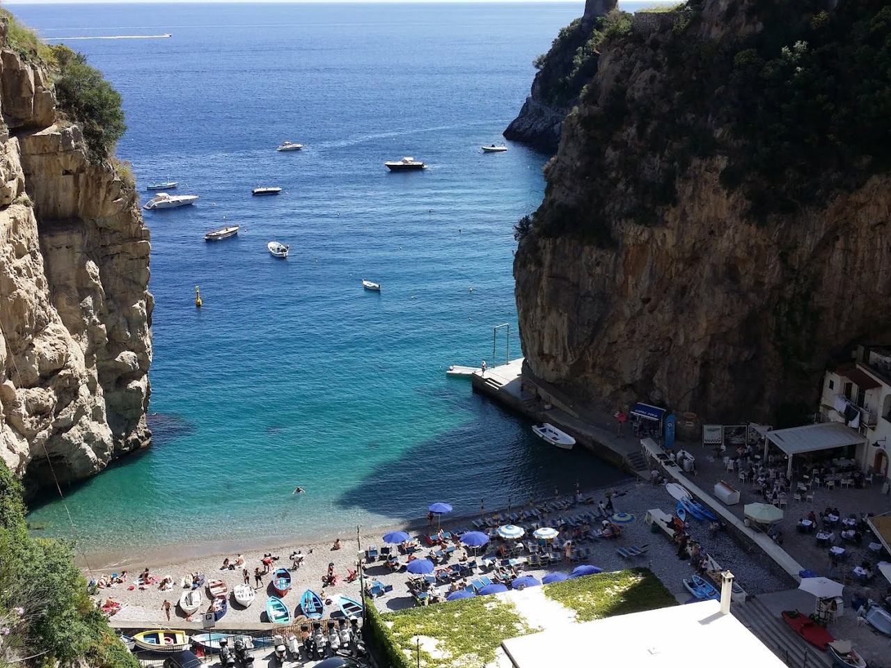 Marina di Praia beach in its narrow cliff gorge at Praiano on the Amalfi Coast