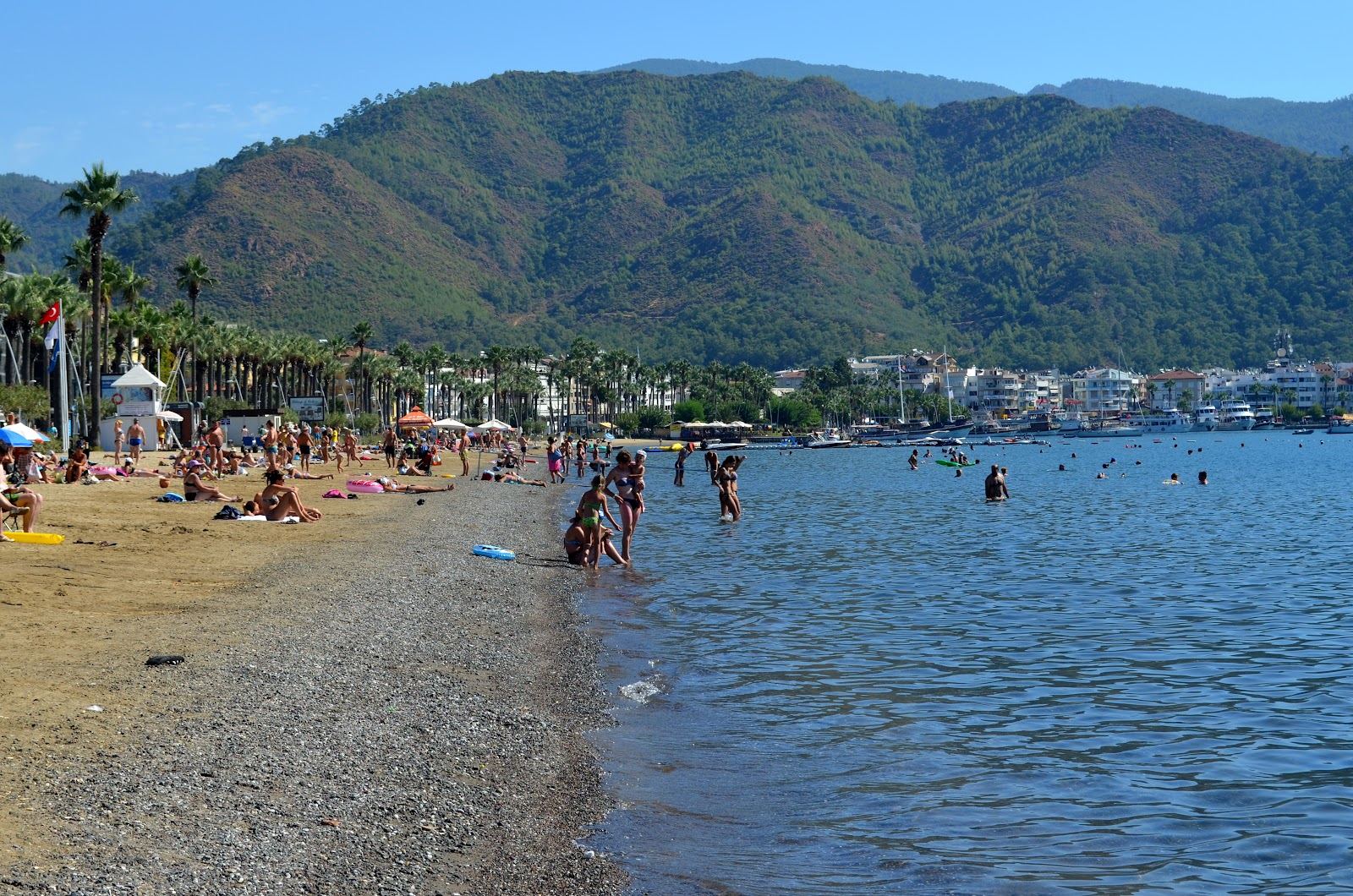Marmaris town beach along the central seafront in Turkey
