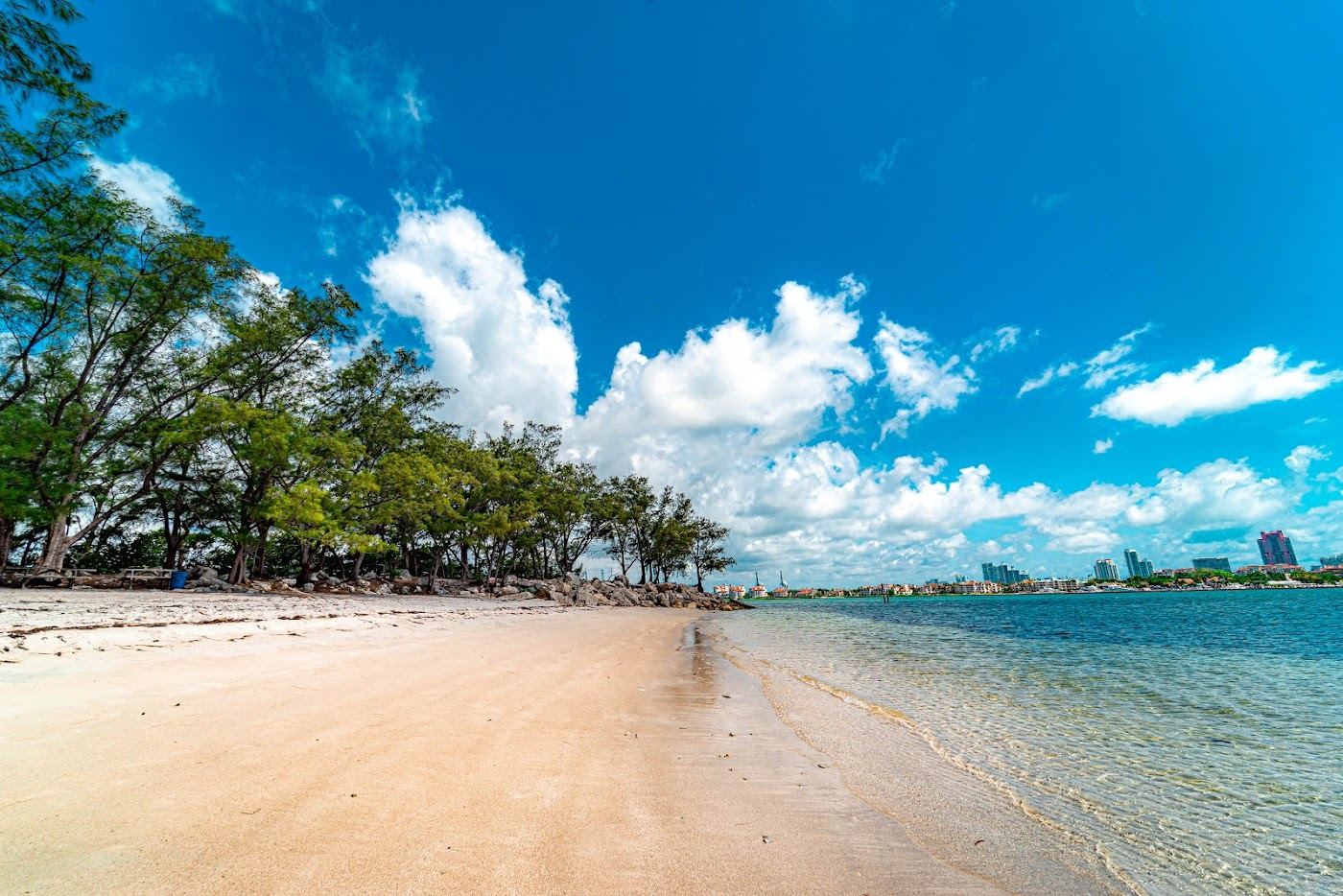 Quiet wooded sand and calm water at Virginia Key Beach near Miami