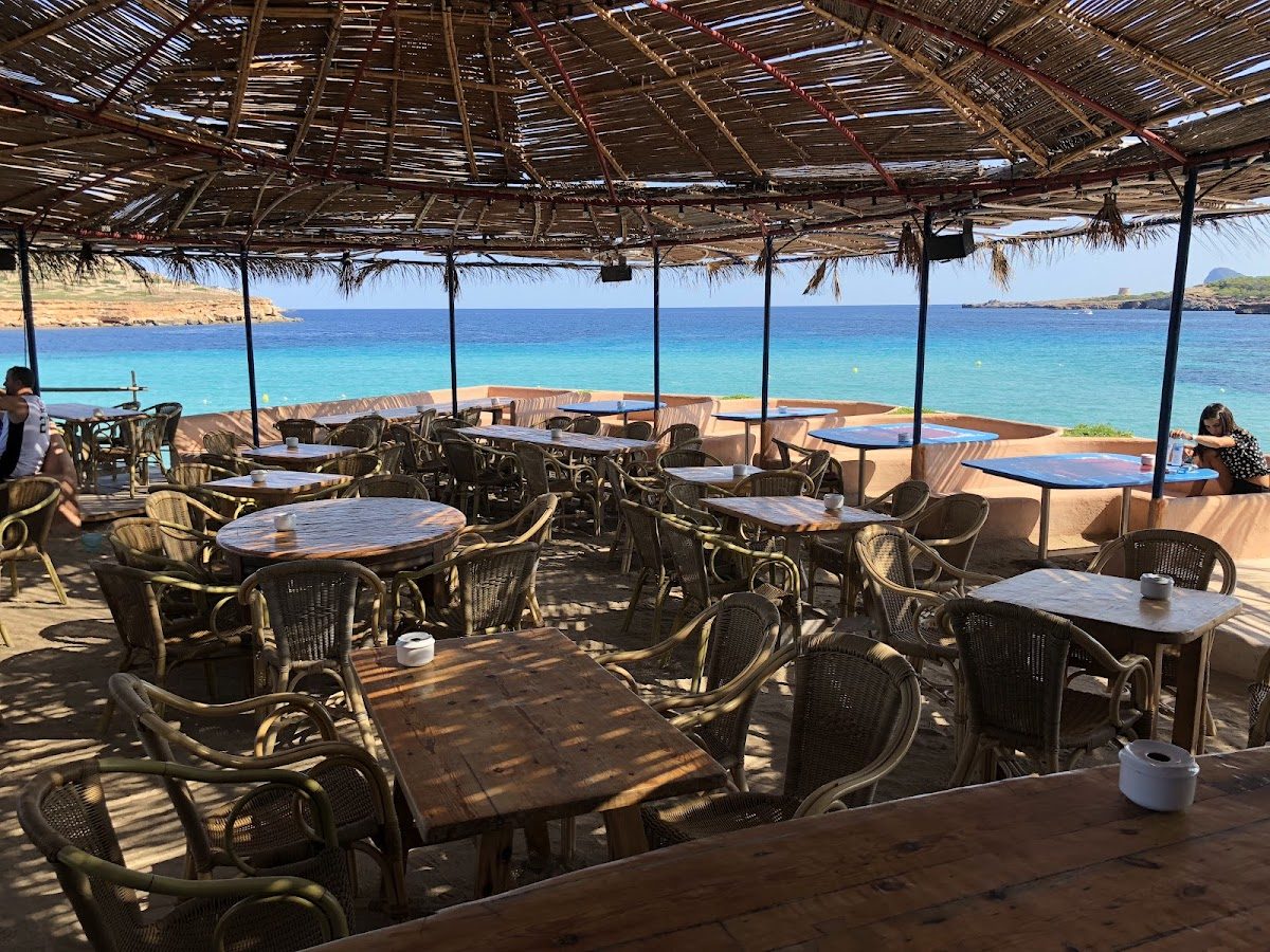 Turquoise water and low cliffs at a Cala on Ibiza