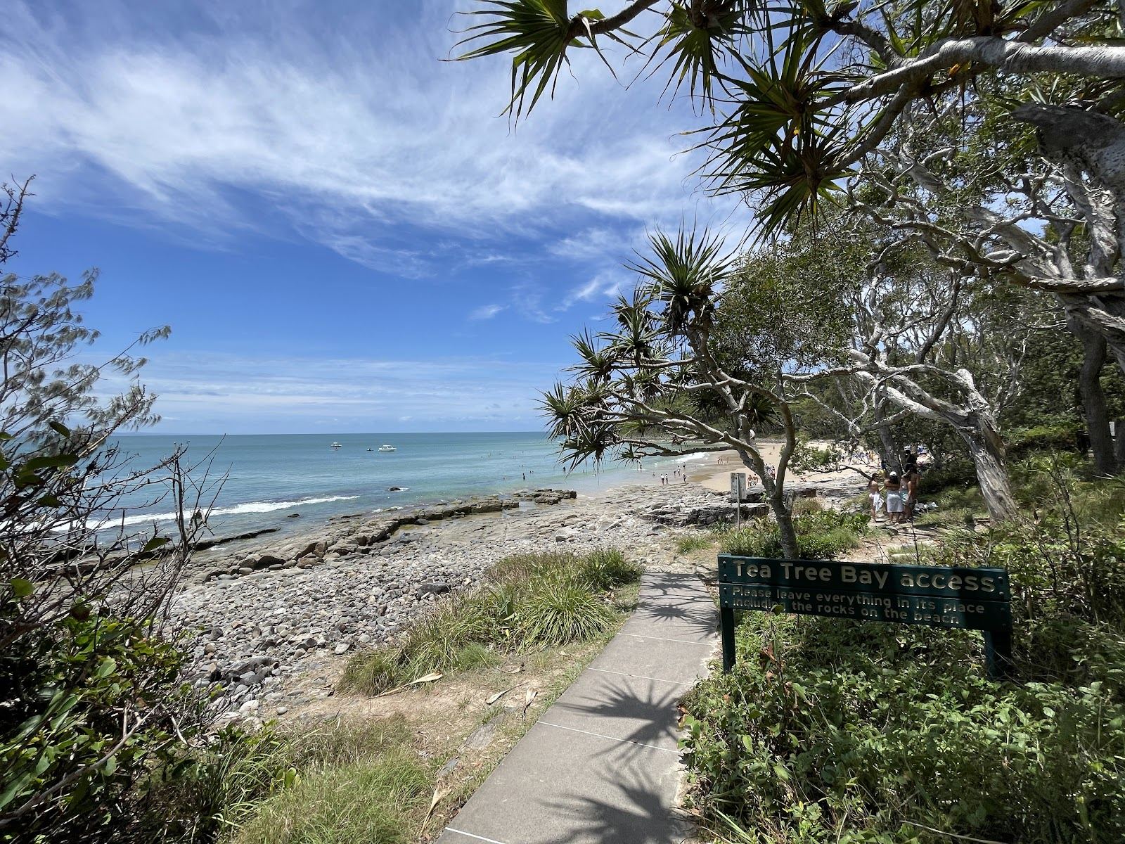 A quiet cove of pale sand framed by headland bush at Tea Tree Bay in Noosa National Park.