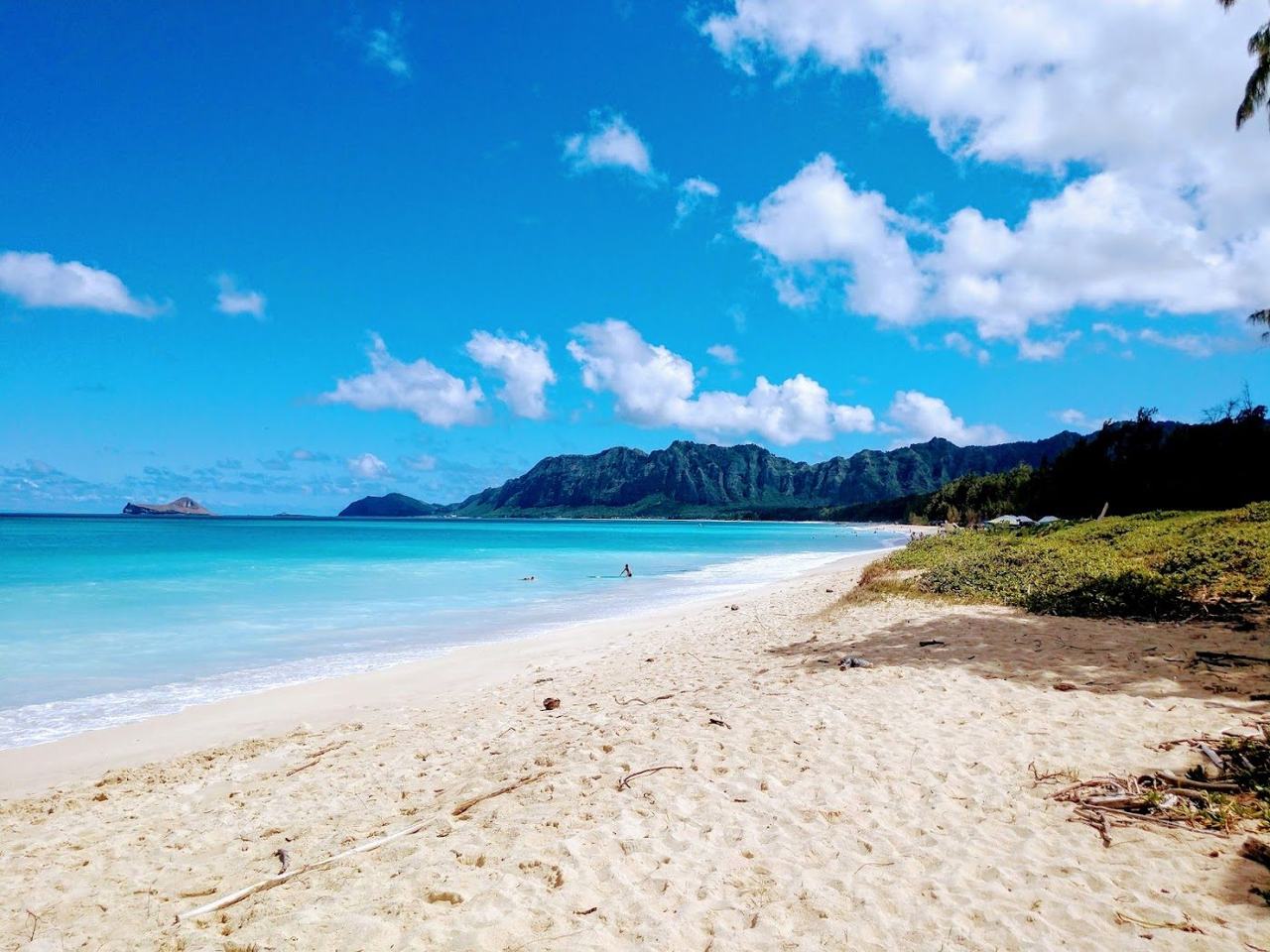 Soft white sand backed by ironwood trees at Bellows Field Beach Park in windward Oahu