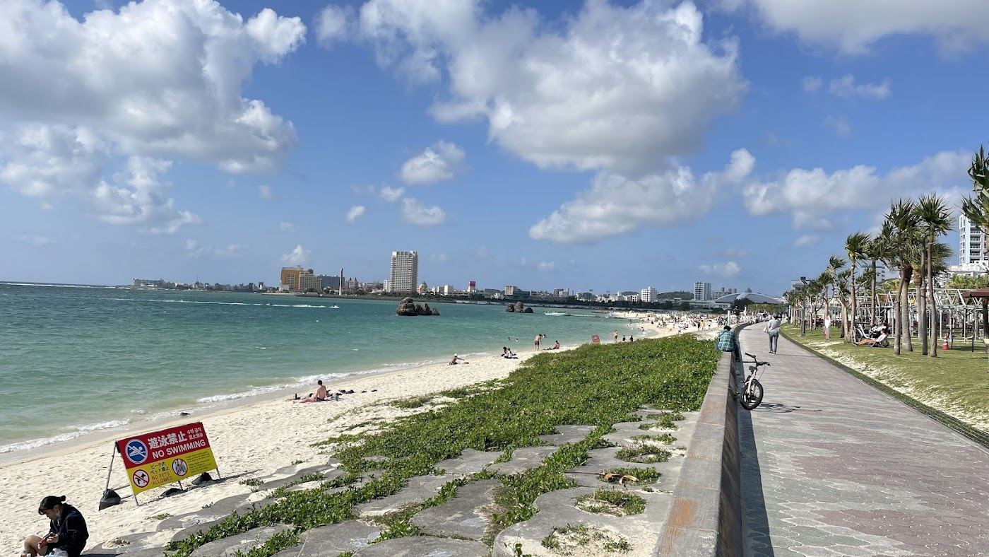 Araha Beach at Chatan on Okinawa, beside the bars and lights of American Village