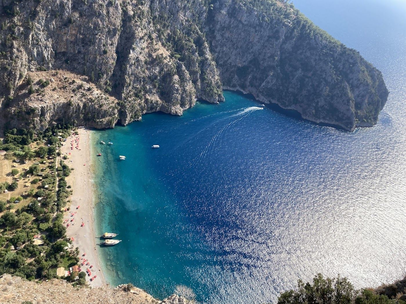The dramatic cliff walled cove of Butterfly Valley reached by boat from Oludeniz near Fethiye in Turkey