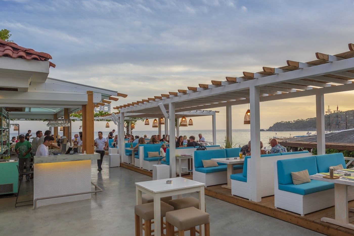 The terrace and sea view at Buzz Beach Bar above the beach at Oludeniz