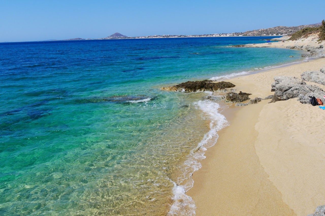 Small sandy coves divided by rock formations and clear blue water at Orkos beach on the southwest coast of Naxos