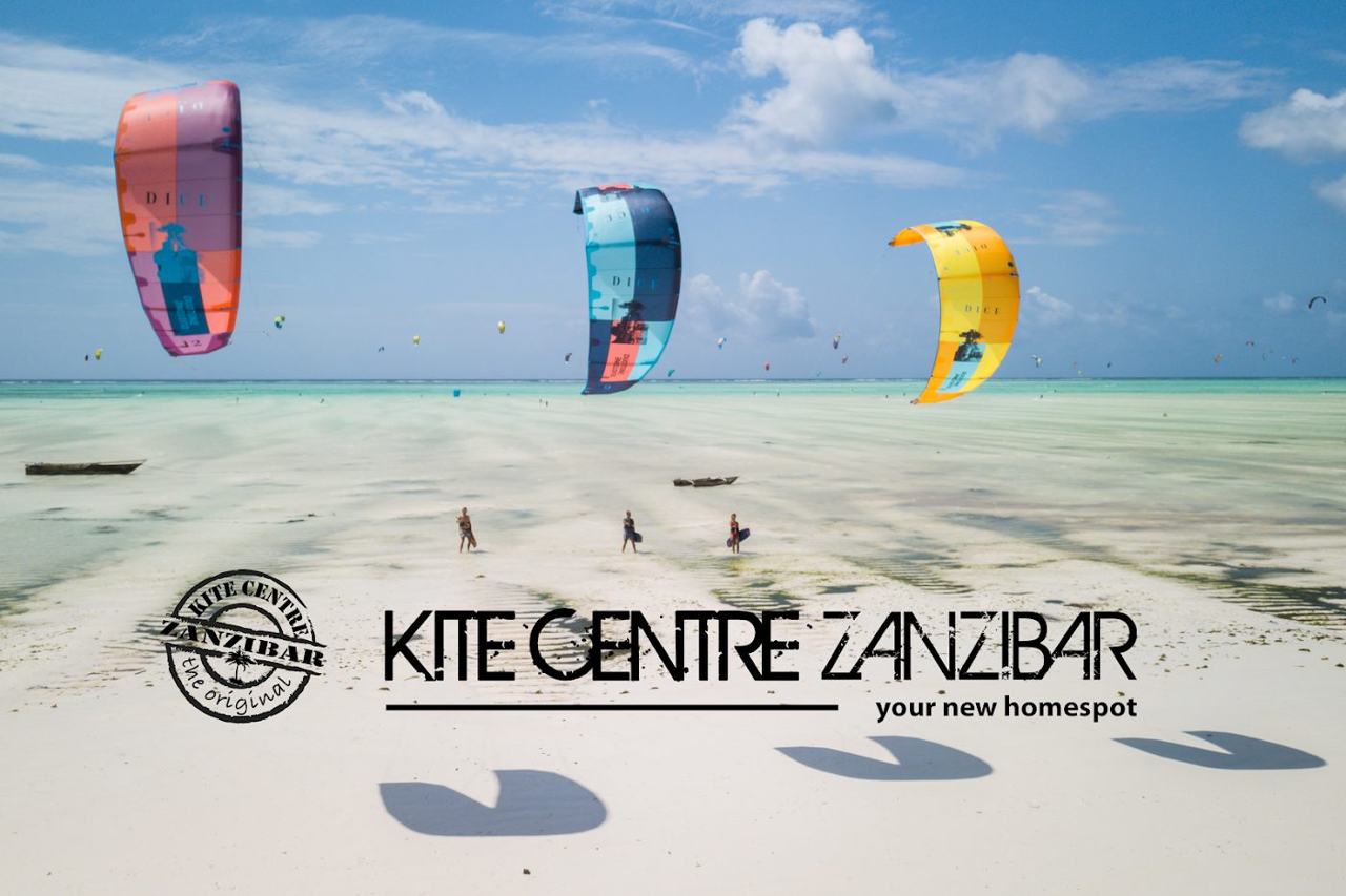 A second view of kitesurfers and the broad tidal flats at Paje beach on Zanzibar