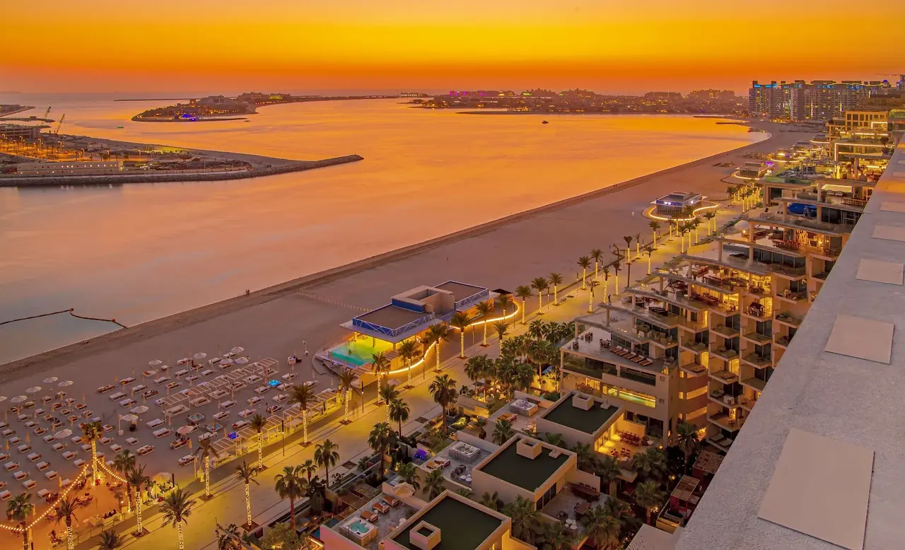 Palm West Beach in Dubai, view across the sand and the Arabian Gulf