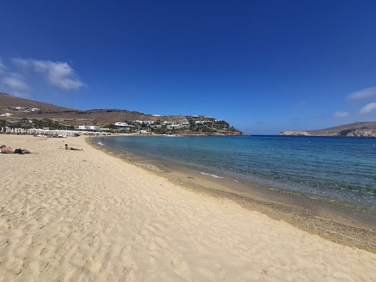 The long sandy stretch of Panormos Beach on the north coast of Mykonos with clear water