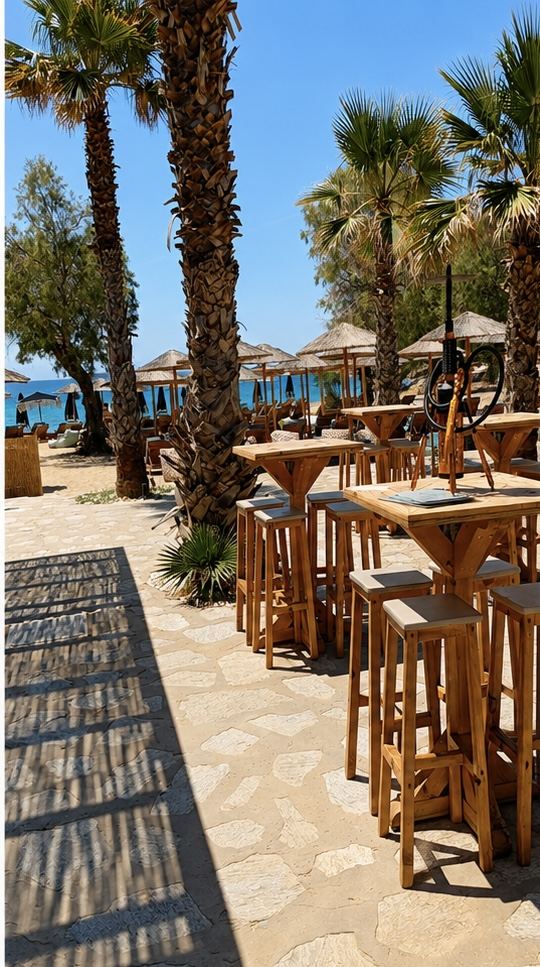 Daybeds and sunbeds at a beach club in Paros