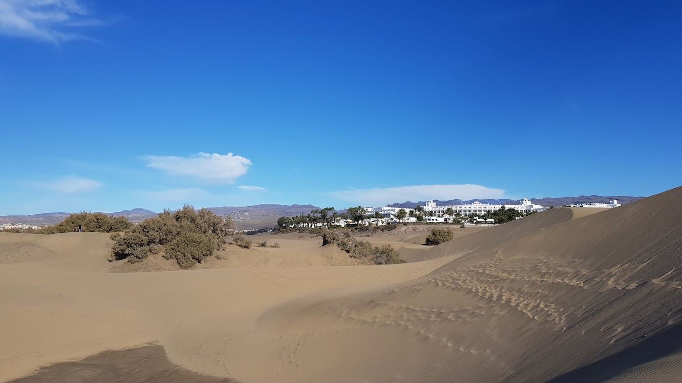 Wide golden sand and resort seafront at Playa del Ingles in southern Gran Canaria