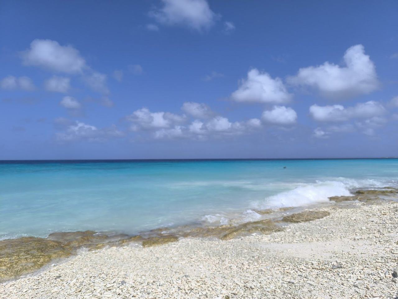 A calm, shallow pink tinged beach on Bonaire's sheltered southwest coast, ringed by clear dive water.