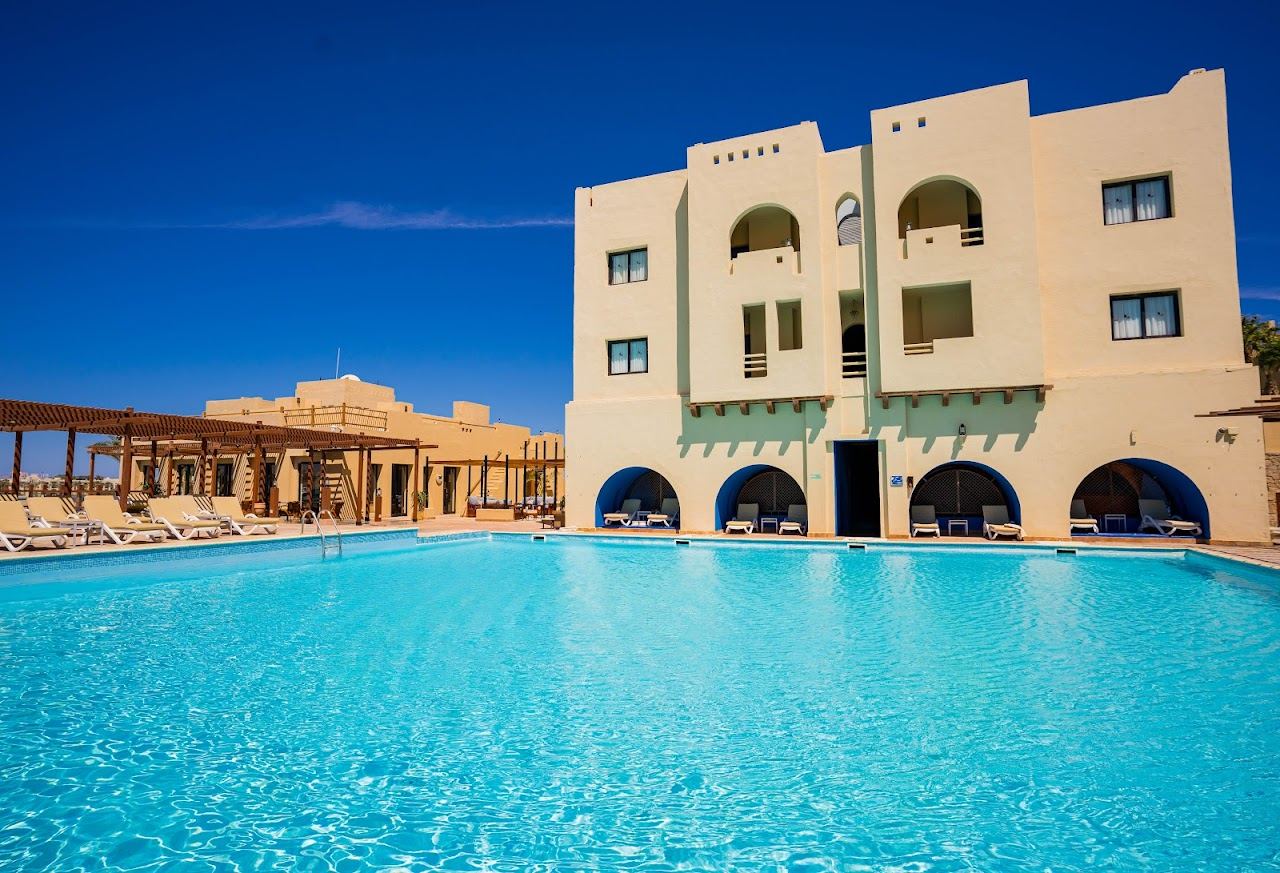 The marina, resort frontage and calm water of Port Ghalib near Marsa Alam on the Red Sea in Egypt