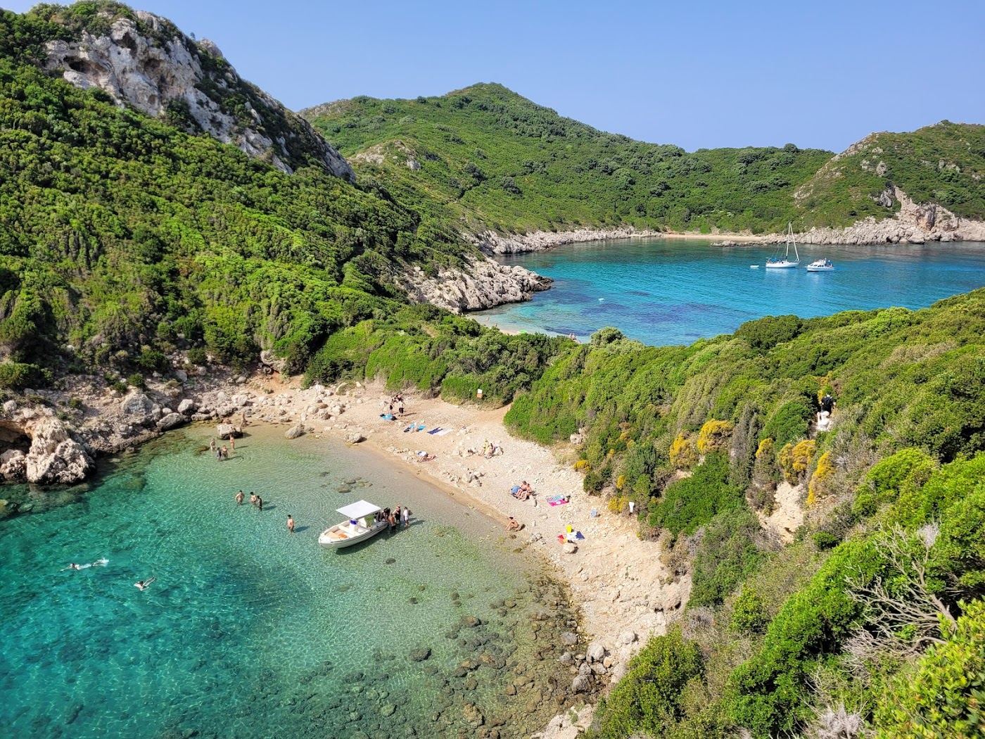 The twin bays and clear water of Porto Timoni below Afionas, Corfu