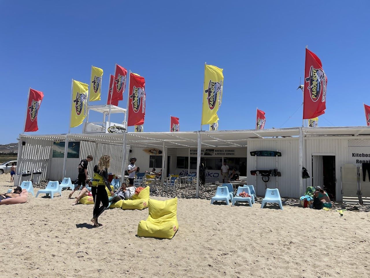The pool and sunbeds of the Punda Coast beach club on the sheltered east coast of Paros