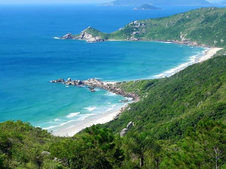 Clear Atlantic surf breaking below green hills at the wild Praia da Galheta near Praia Mole Florianopolis