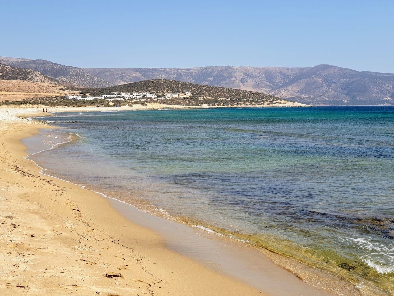 The sheltered bay and soft sand of Pyrgaki beach near the southern end of Naxos