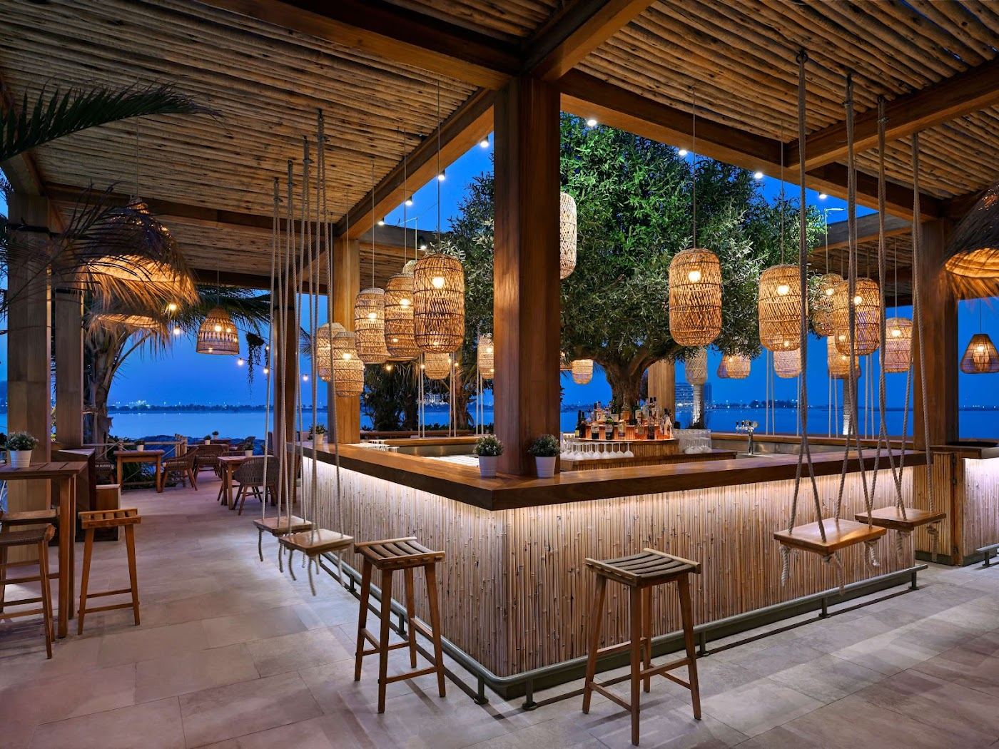 Pool and cabanas at an Al Marjan Island beach club in Ras Al Khaimah