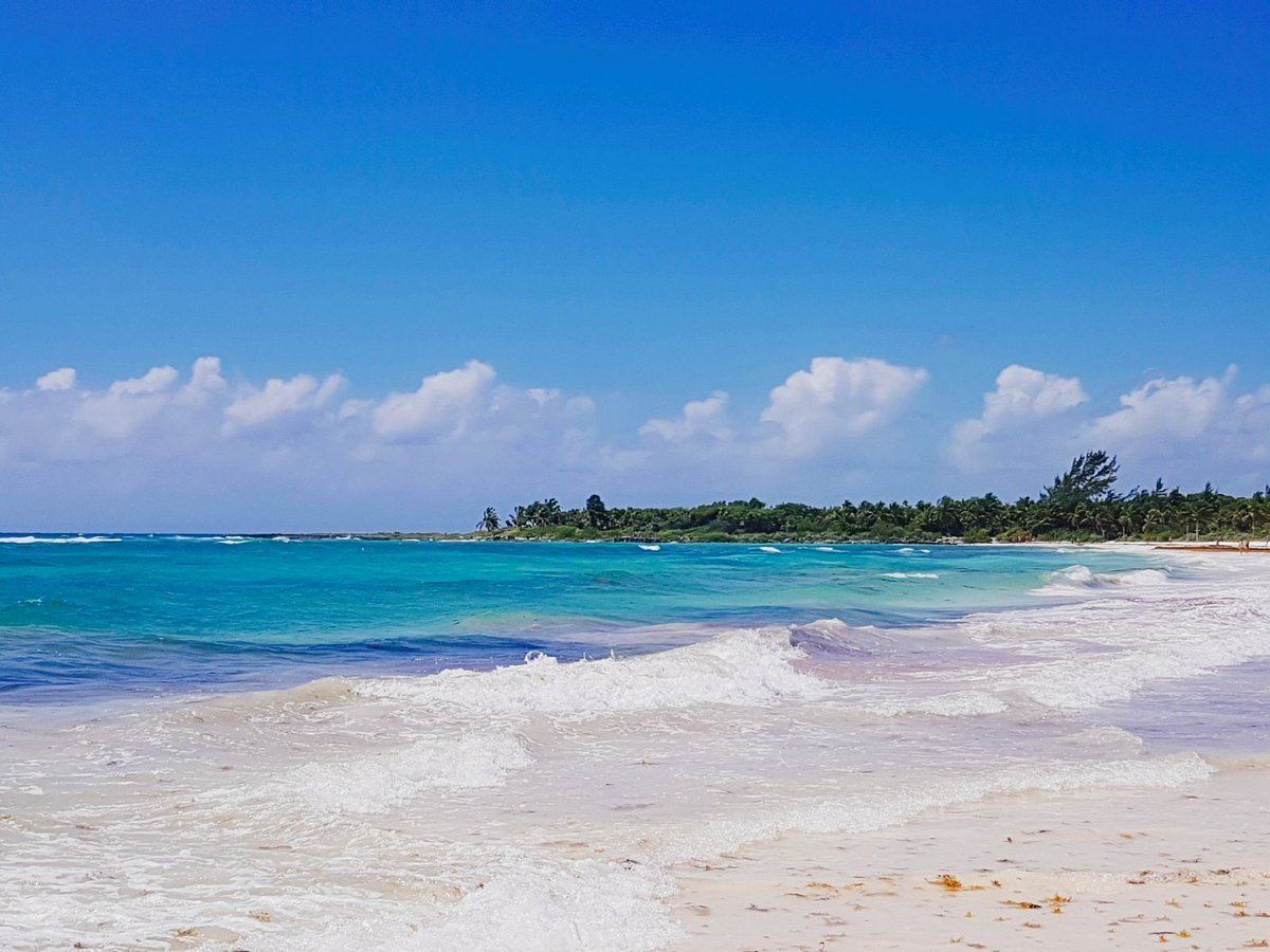 Soft white sand and clear shallow turquoise water along a calm bay in the Riviera Maya