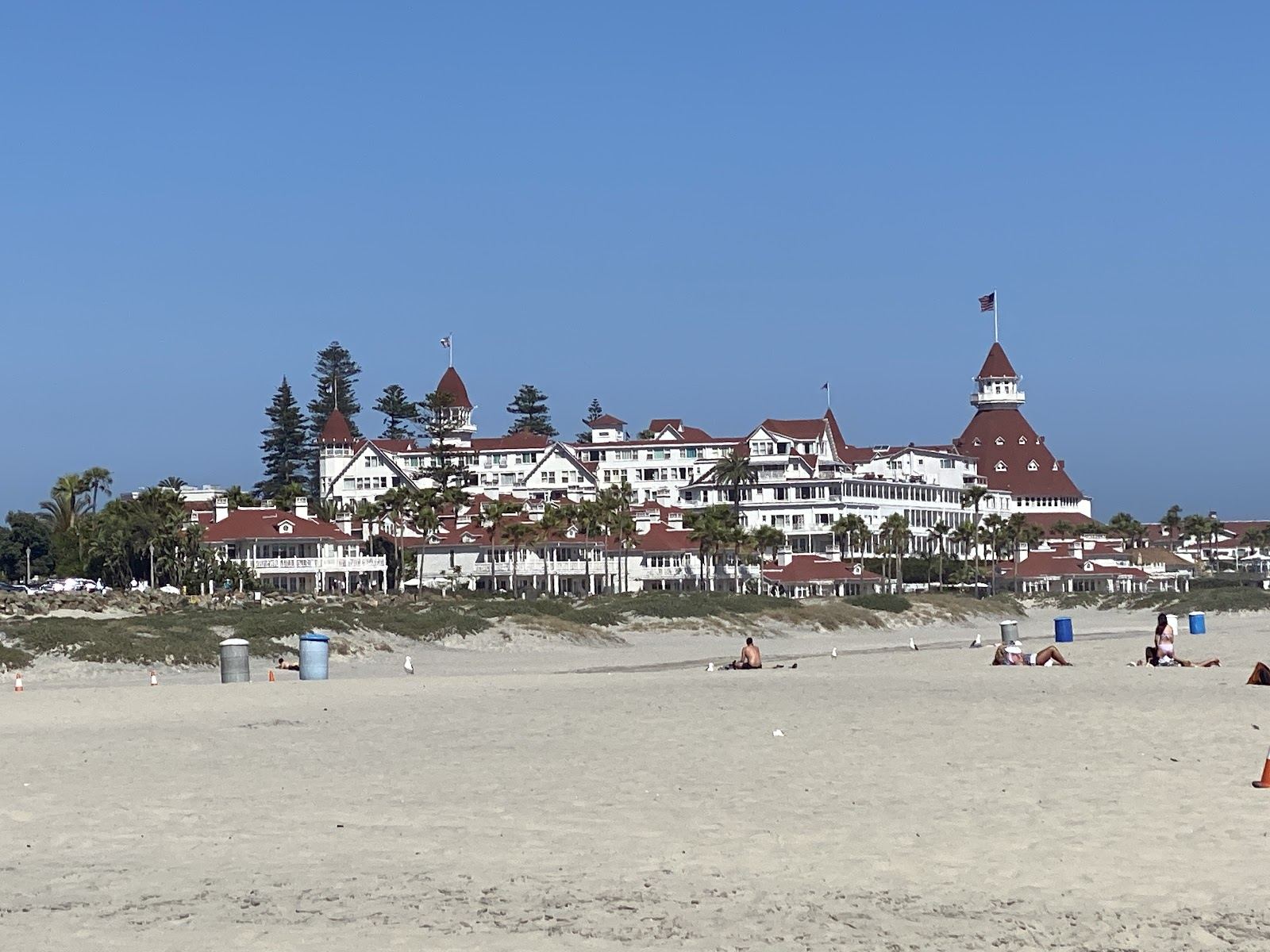 Broad gentle family sand and calm water at a San Diego beach with the city behind