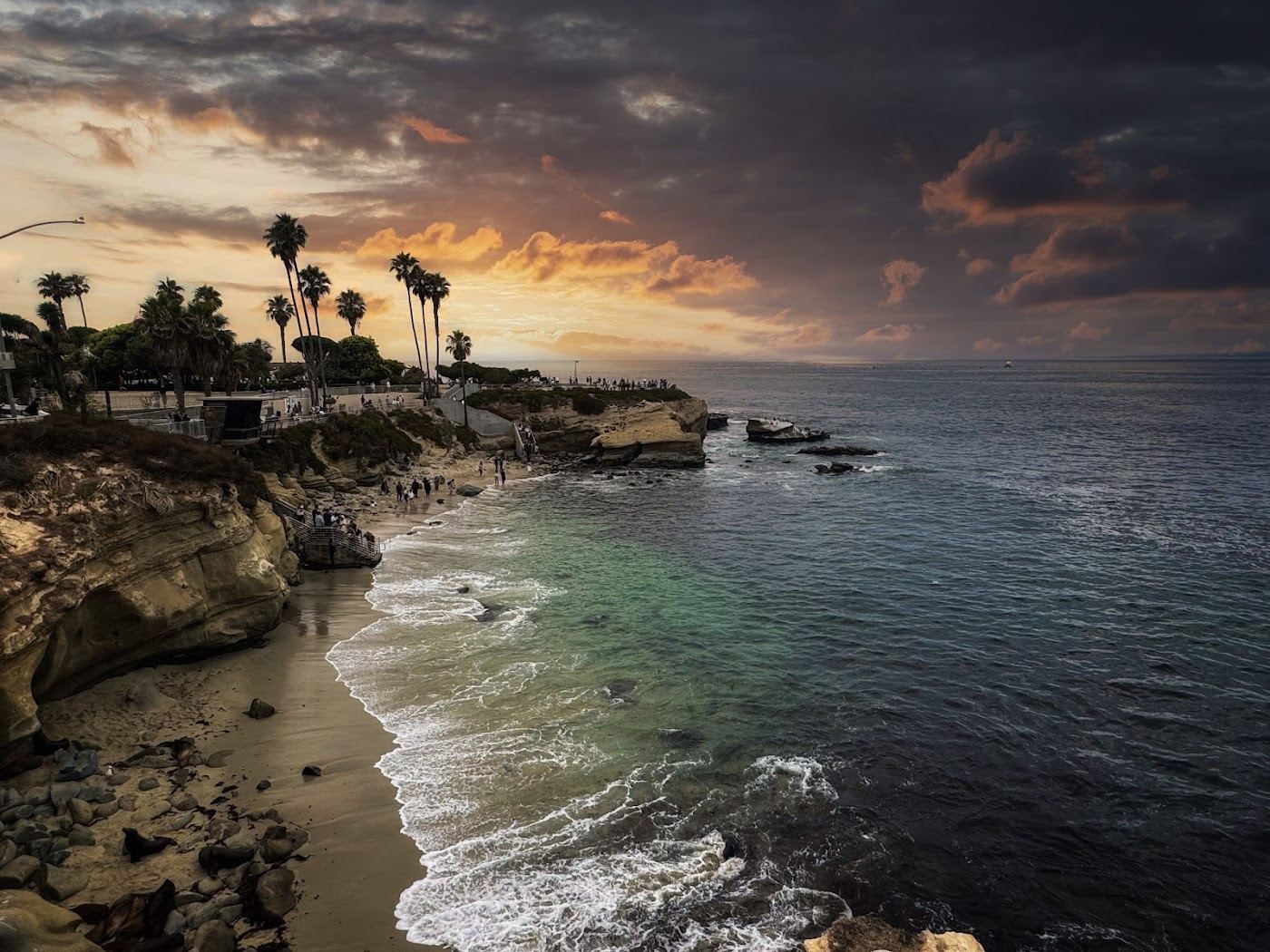 Clear water and rocky coves at La Jolla Cove on the San Diego coast