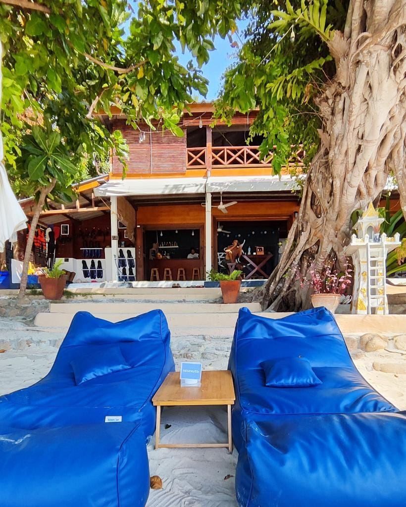 The sheltered sand and clear shallows of Sanom Beach below the resort and trees on Koh Lipe