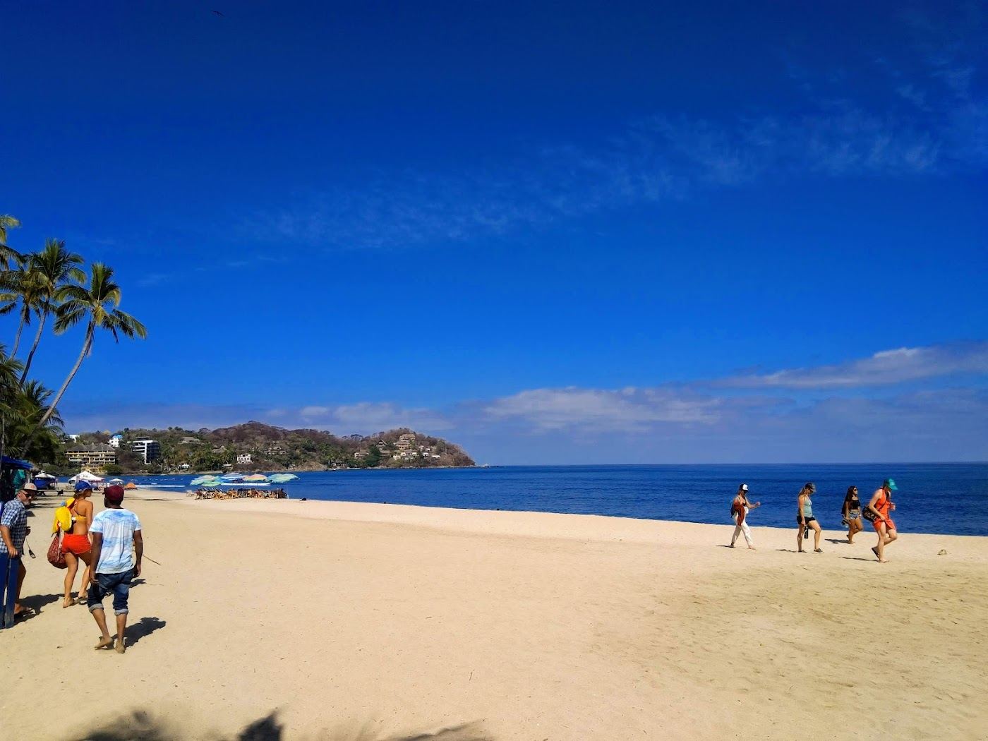 The lively main beach at Sayulita with surf rolling in and palm shade along the sand