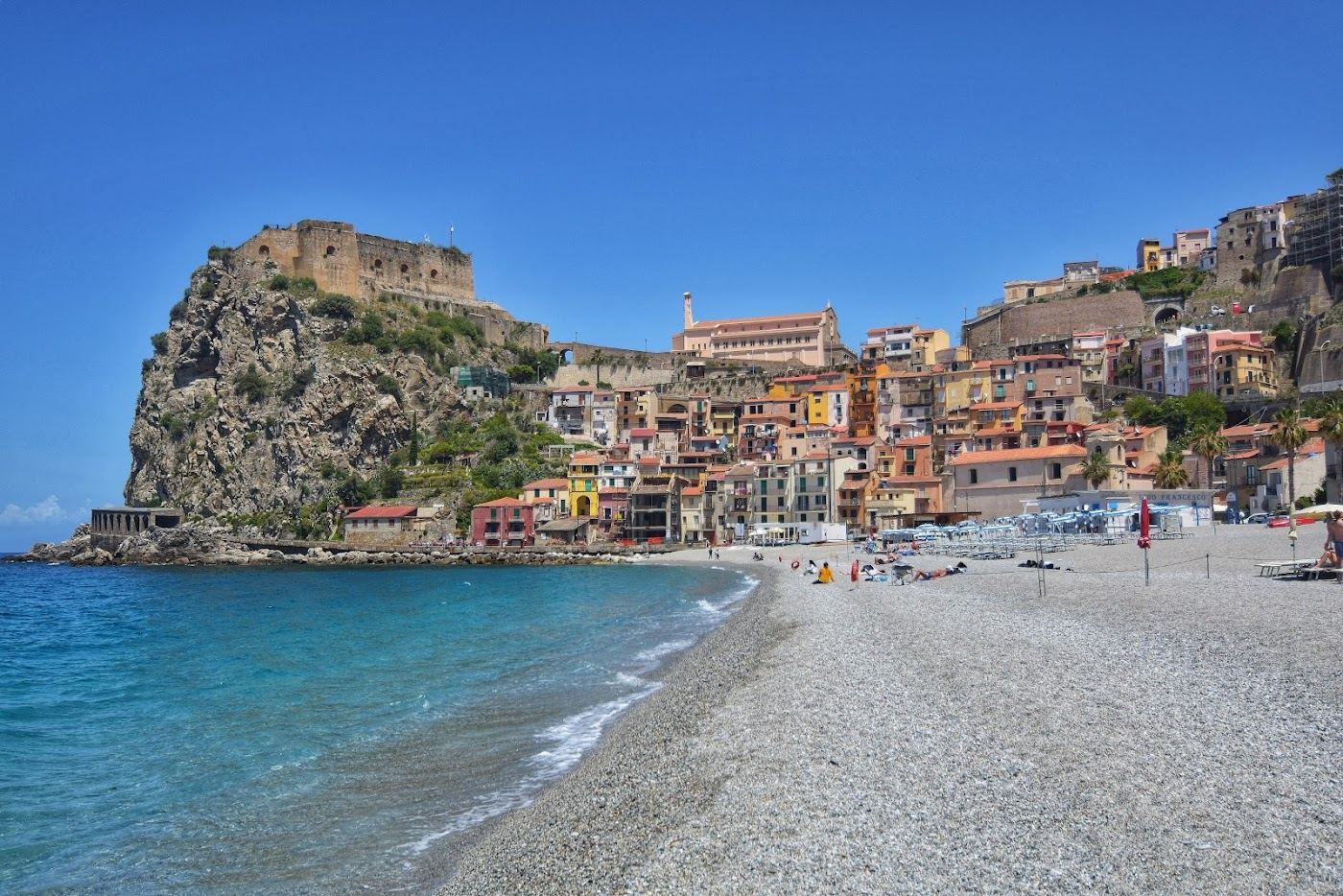 Marina Grande beach below Ruffo castle at Scilla in Calabria