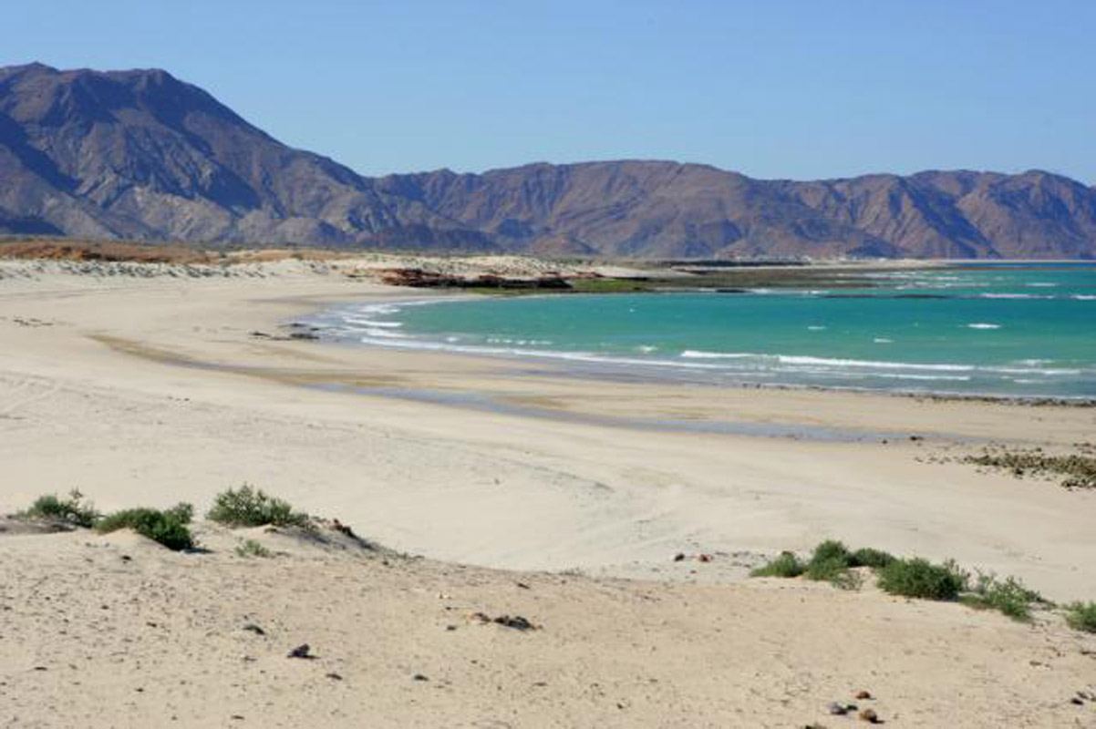 Calm marina bay below the Hajar mountains at Sifah east of Muscat, Oman