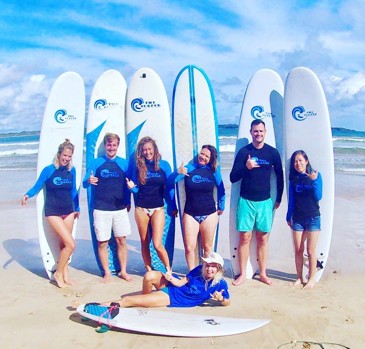 Beginner surfers and schools on the wide shallow bay at Weligama on the Sri Lanka south coast