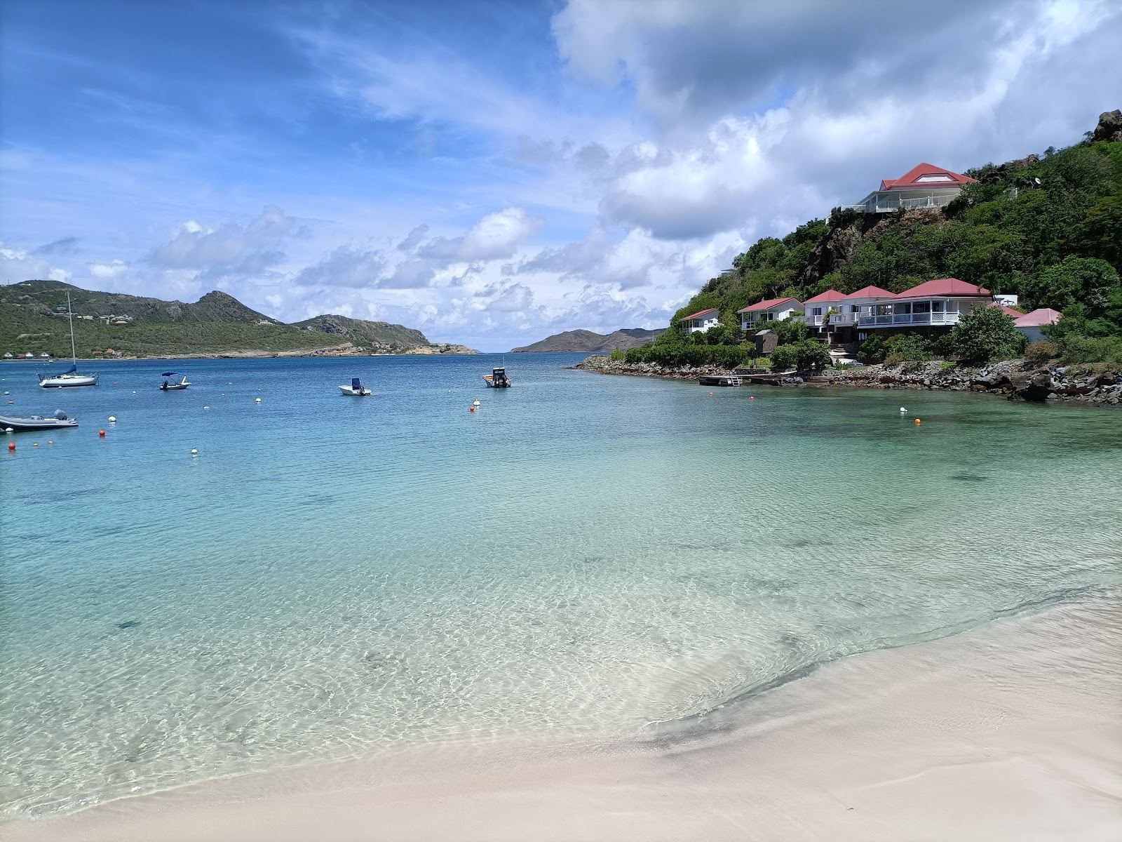 The calm turquoise lagoon and pale sand of St Jean beach on St Barths