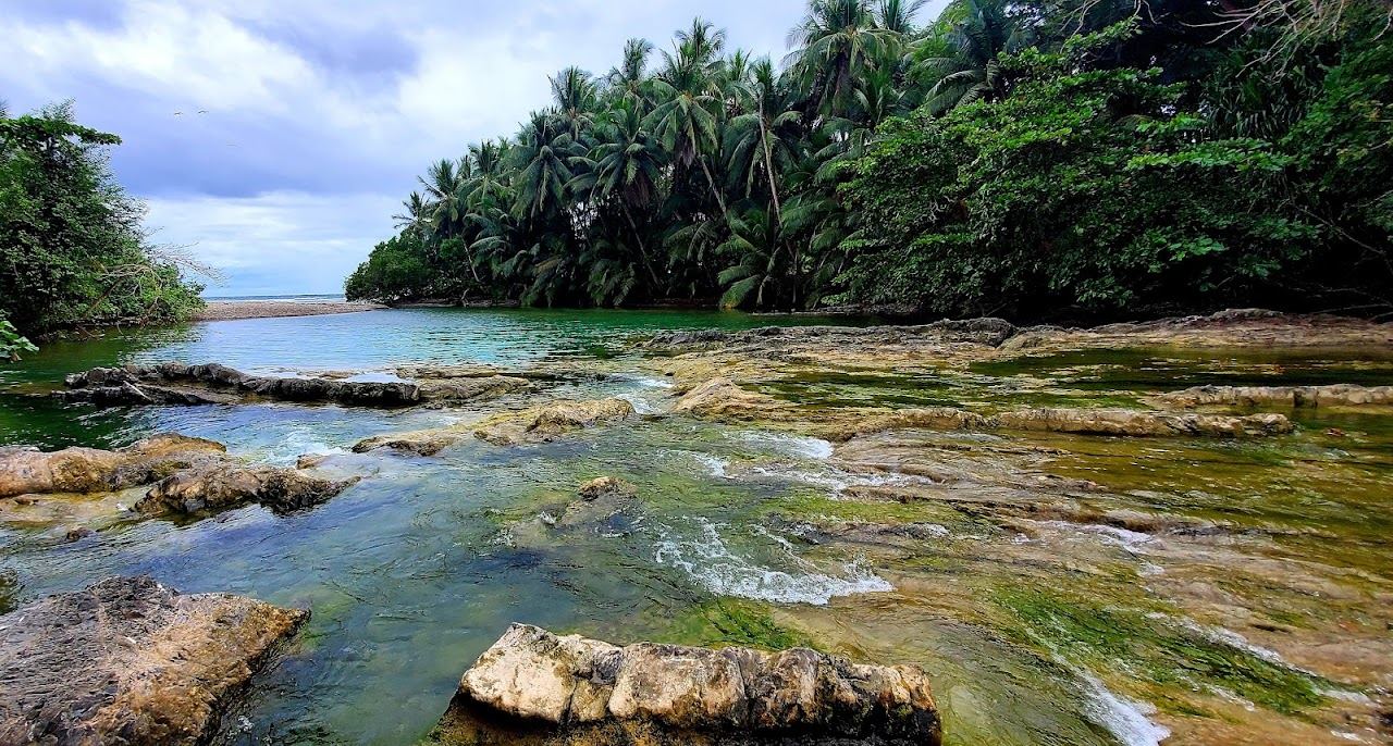 Calm gold sand cove and jungle backed shore at Playa Montezuma Costa Rica