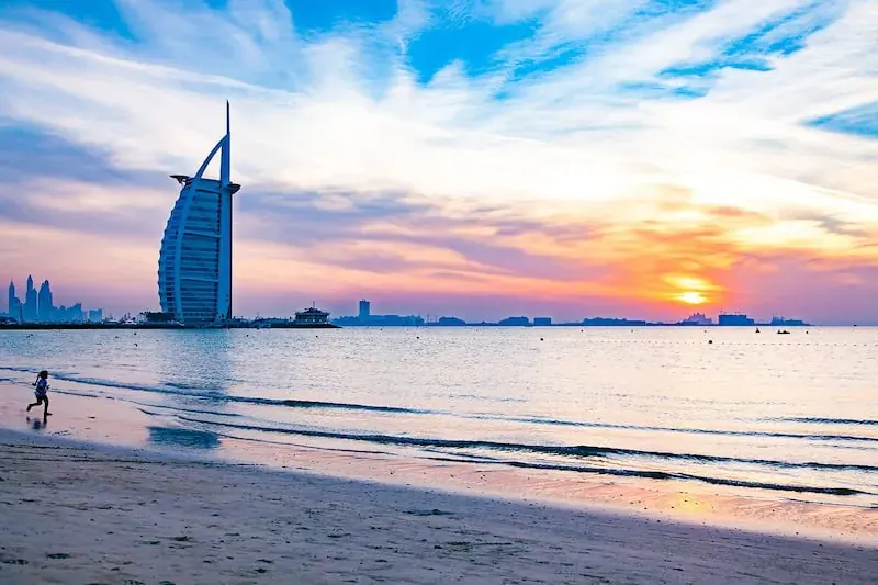 Sunset Beach in Dubai, view across the sand and the Arabian Gulf