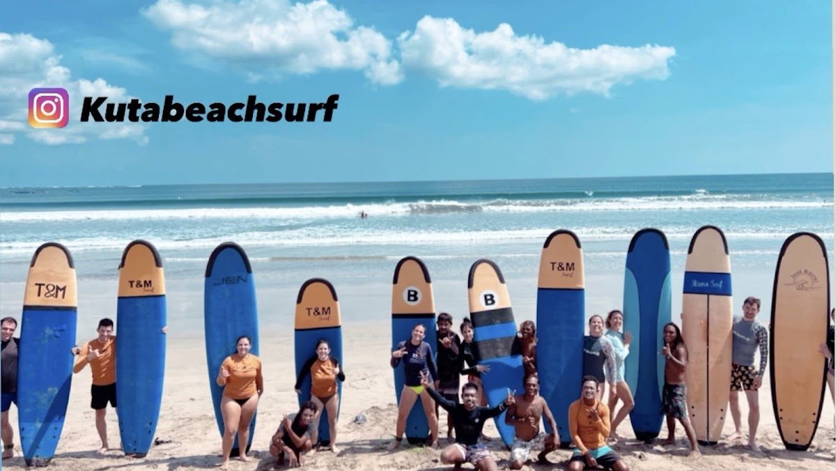 Beginner surfers on the sandy beach break at Kuta Bali