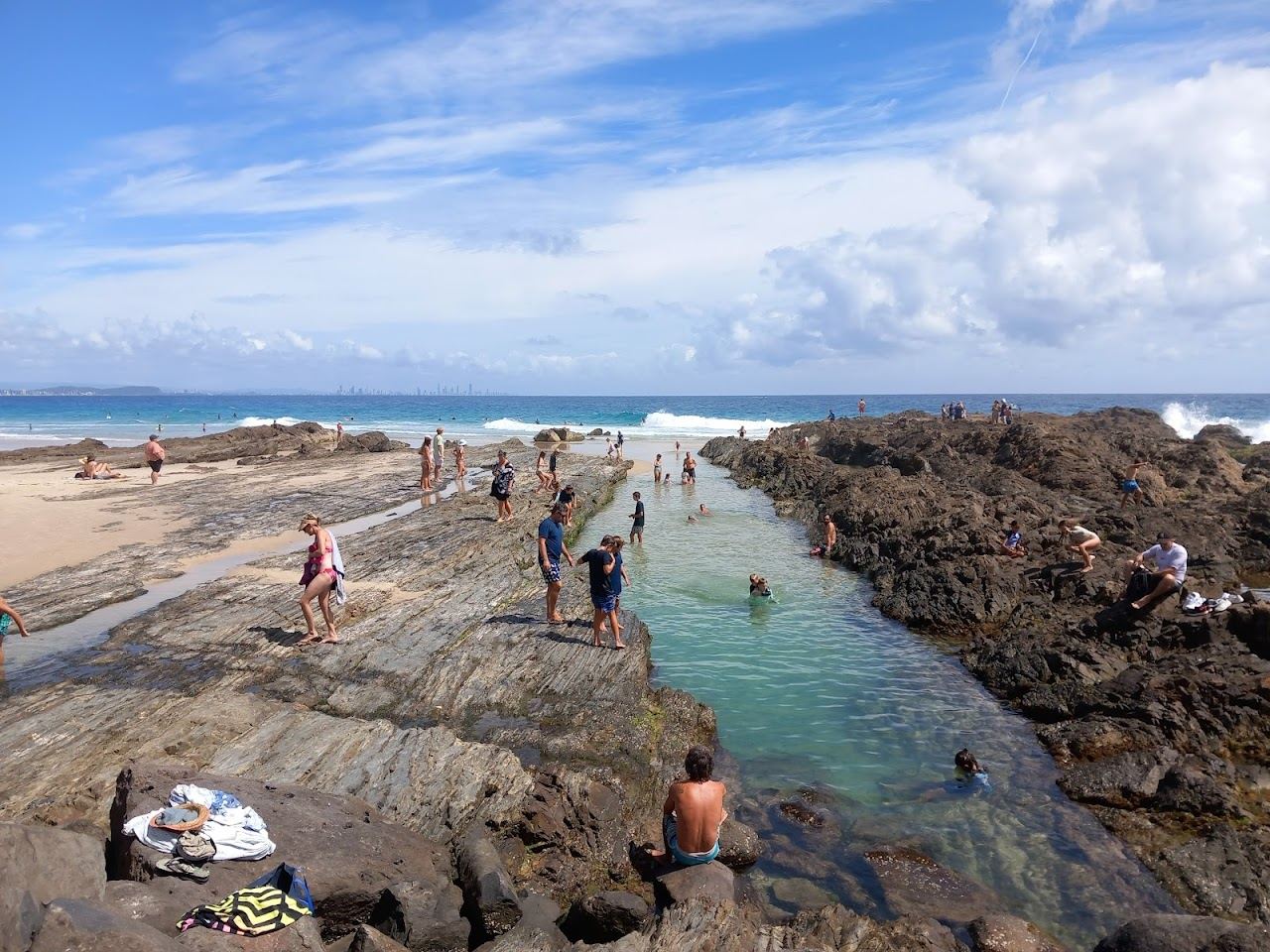 The long sand point and lineup of Snapper Rocks on the Gold Coast